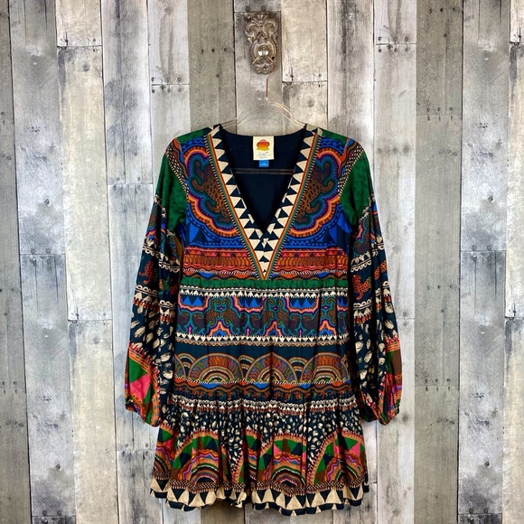 FARM Rio V-Neck Printed Tunic Dress in Green Size Extra Small. - Picture 2 of 15